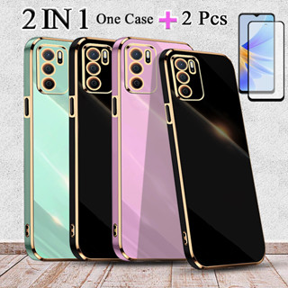 2 IN 1 OPPO A16 A16S เคสชุบไฟฟ้า ขอบตรง พร้อมตัวป้องกันหน้าจอเซรามิค สองชิ้น