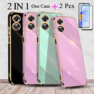 2 IN 1 OPPO A17 เคสชุบไฟฟ้า ขอบตรง พร้อมตัวป้องกันหน้าจอเซรามิค สองชิ้น