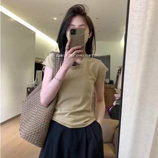 เสื้อยืดลําลอง ผ้าฝ้าย แขนสั้น คอยู เข้ารูป แฟชั่นฤดูร้อน สําหรับสตรี