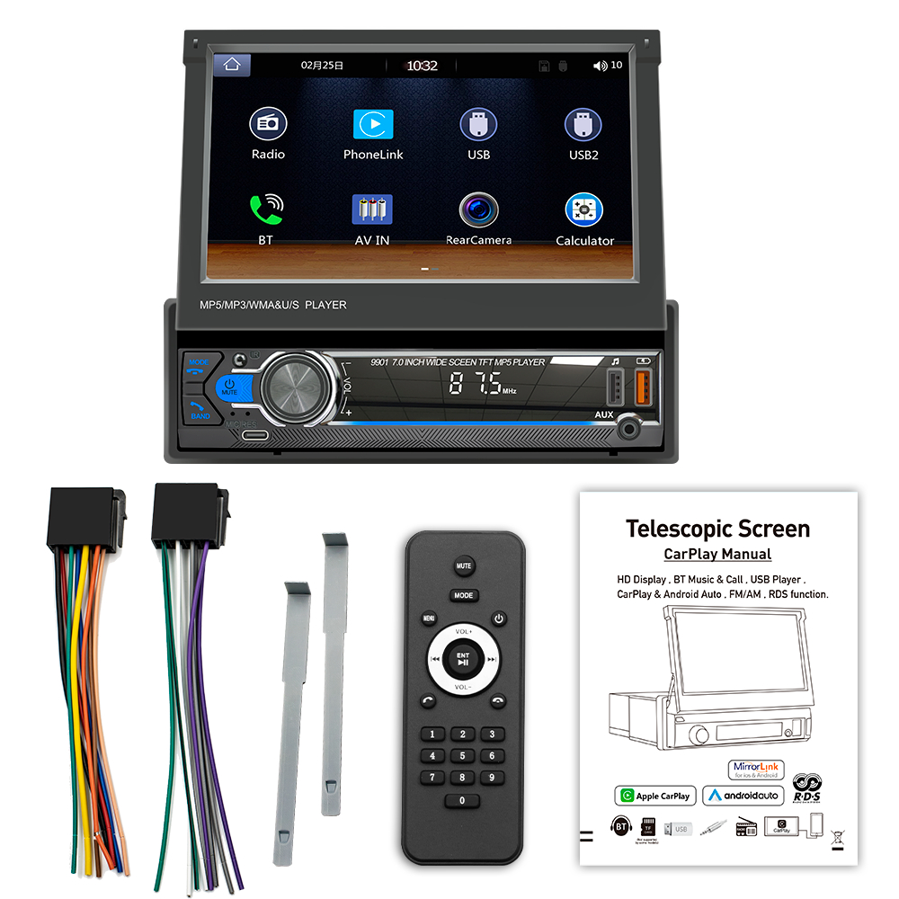 1DIN Retractable 23 ซม.MP5 Player Reversing Video Car MP5 Player carplay android auto