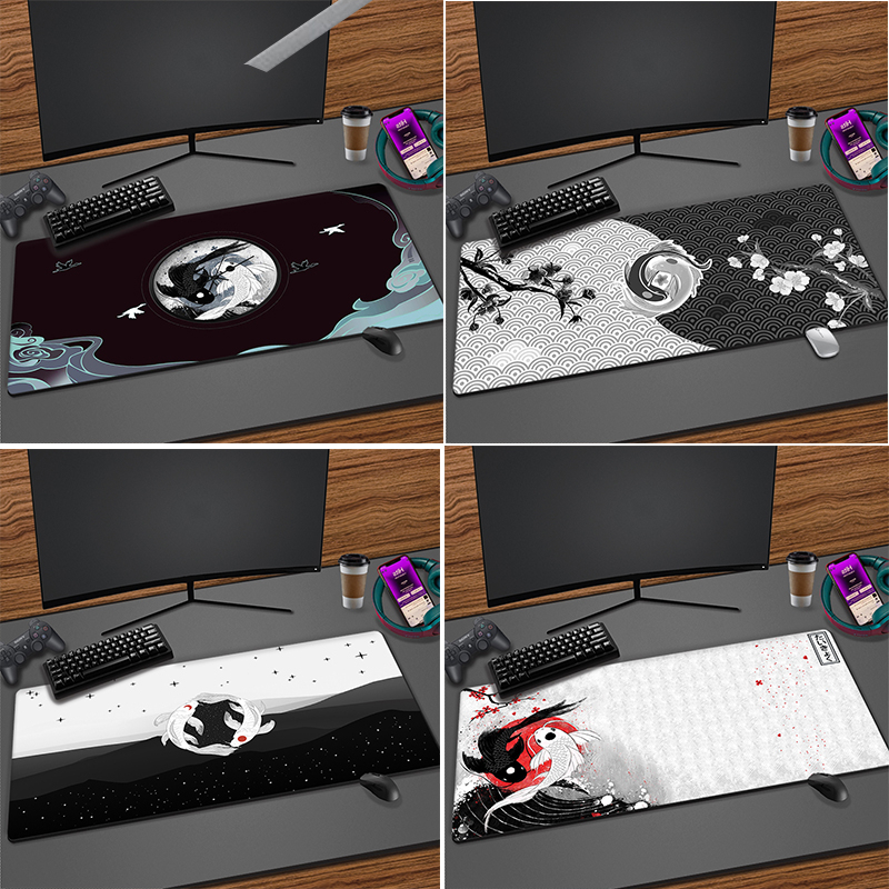 Fish Art Gaming Mouse Mat ดอกไม้ Gamer Mousepad Yin Yang คีย์บอร์ดตารางแผ่น 900X400 มม.HD ออกแบบแผ่นรองเมาส์สีดํา