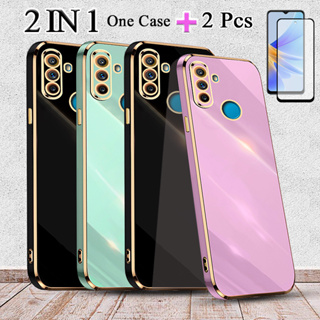 2 IN 1 Realme C3 เคสชุบขอบทอง พร้อมกระจกนิรภัยกันรอยหน้าจอเซรามิค แบบโค้ง