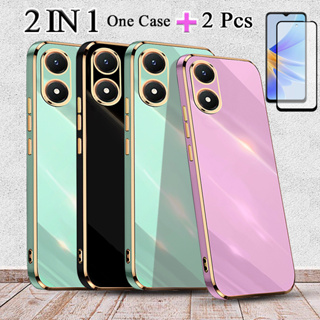 2 IN 1 VIVO Y02S เคสชุบขอบทอง พร้อมกระจกนิรภัยโค้ง ป้องกันหน้าจอเซรามิค