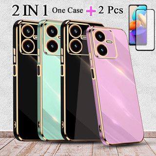 2 IN 1 VIVO Y22 Y22S เคสชุบทอง พร้อมกระจกนิรภัยโค้ง ป้องกันหน้าจอเซรามิค