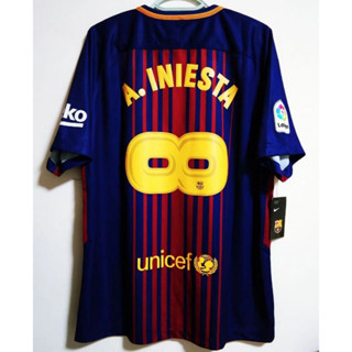 เสื้อกีฬาแขนสั้น ลายทีมชาติฟุตบอล Barcelona A.INIESTA MESSI 17-18 ชุดเยือน สไตล์เรโทร คุณภาพสูง