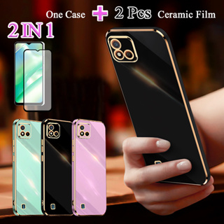 2 IN 1 Realme C20 C11 2021 เคสชุบทอง พร้อมกระจกนิรภัยกันรอยหน้าจอเซรามิค แบบโค้ง