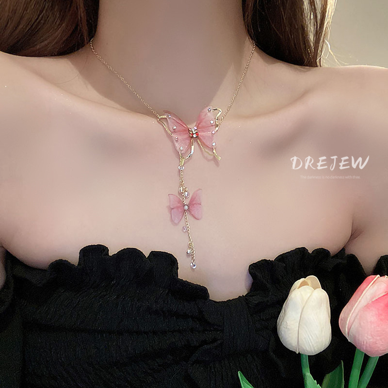 DREJEW เพชรมุก Tulle ผีเสื้อพู่สร้อยคอซุปเปอร์นางฟ้าระดับไฮเอนด์สร้อยคอไหปลาร้าโซ่แฟชั่นสร้อยคอ Mori