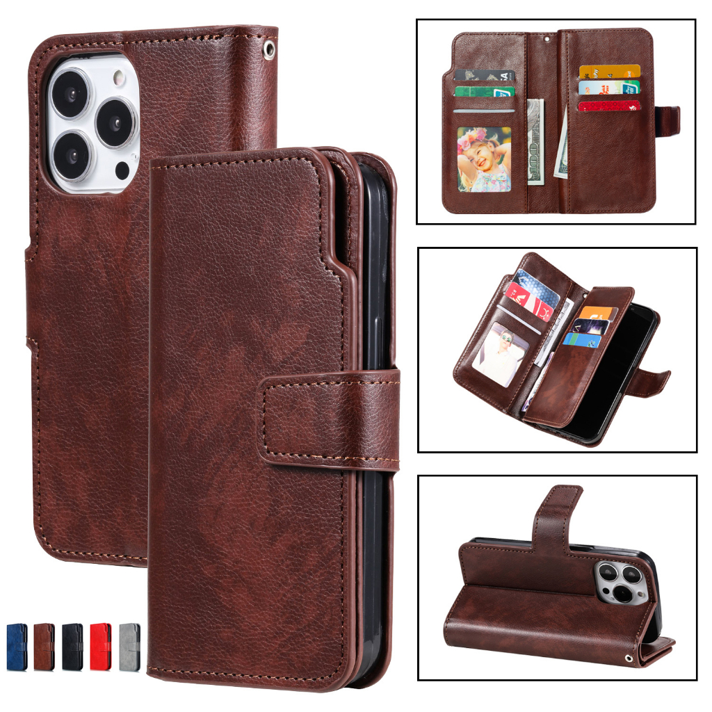 เคส Case for iPhone 16 Pro Max 15 14 Plus 12 13 Mini 11 Pro เคสฝาพับ เคสเปิดปิด โทรศัพท์หนัง TPU นิ่ม ฝาพับ พร้อมช่องใส่บัตร 9 ช่อง ตั้งได้ สําหรับ Flip Cover Leather Mulit Card Slots Holder Wallet ฝาพับหนัง ซองมือถือ