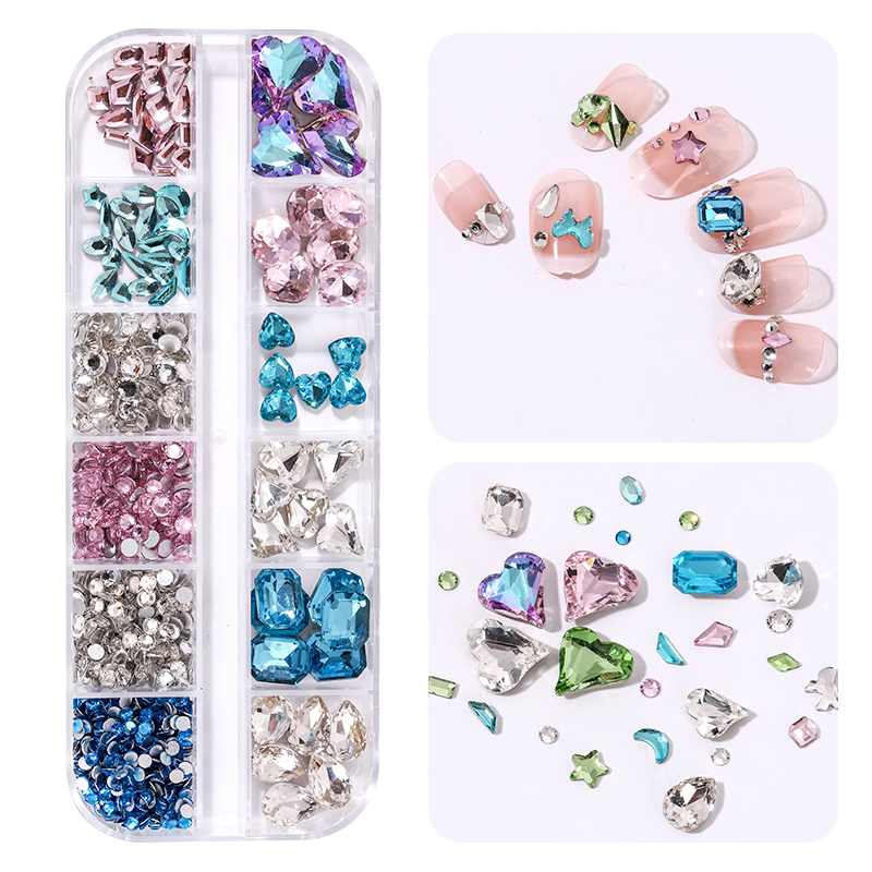 ใหม่ กล่องเพชรบูติก ทรงกลม แบน 12 ช่อง หลายสี สําหรับตกแต่งเล็บ