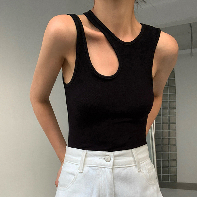 เสื้อยืดลําลอง คอกลม แขนกุด แต่งรูกลวง สีพื้น สไตล์เกาหลี แฟชั่นฤดูร้อน สําหรับสตรี