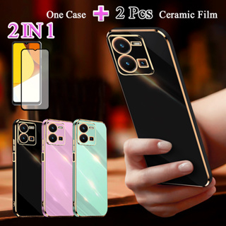 2 IN 1 เคสโทรศัพท์มือถือ ชุบไฟฟ้า ขอบตรง หน้าจอโค้ง เซรามิก สําหรับ VIVO Y35 4G