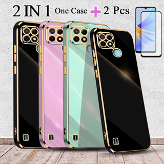 2 IN 1 Realme C21Y C25Y เคสชุบไฟฟ้า ขอบตรง พร้อมตัวป้องกันหน้าจอเซรามิก สองชิ้น