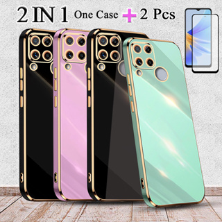 2 IN 1 Realme C15 เคสชุบไฟฟ้า ขอบตรง พร้อมตัวป้องกันหน้าจอเซรามิค สองชิ้น