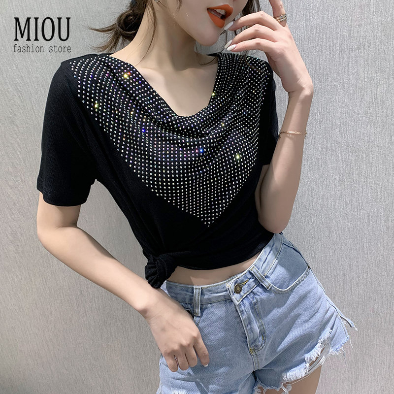 Miou เสื้อยืดแขนสั้น เปิดไหล่ ประดับเพชร ทรงหลวม ขนาดใหญ่ 3XL แฟชั่นฤดูร้อน สไตล์เกาหลี สําหรับผู้หญิง 2022