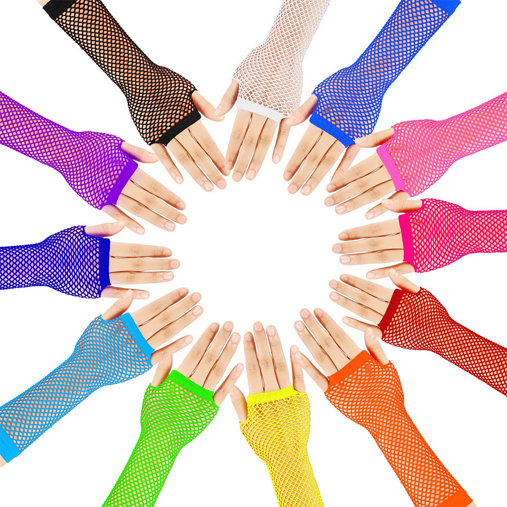 Hi- เด็ก แฟชั่น ถุงมือตาข่ายตกปลา เซ็กซี่ แขน ถุงมือ สีรุ้ง สั้น ครึ่งนิ้ว ยืดหยุ่น ปาร์ตี้ เกาหลี Girll - รูปที่ 4