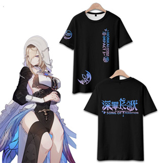 ใหม่ เสื้อยืดแขนสั้นลําลอง มีฮู้ด พิมพ์ลายอนิเมะ Honkai Impact 3 Aponia 3D ทรงหลวม สไตล์ญี่ปุ่น สําหรับผู้ชาย และผู้หญิง