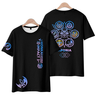 ใหม่ เสื้อยืดแขนสั้นลําลอง มีฮู้ด พิมพ์ลายอนิเมะ Honkai Impact 3 Aponia 3D ทรงหลวม สไตล์ญี่ปุ่น สําหรับผู้ชาย และผู้หญิง