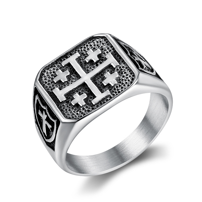 สแตนเลสสีย้อนยุค Jerusalem Cross Mens Ring ขนาดแหวนไขว้รูปตัว T