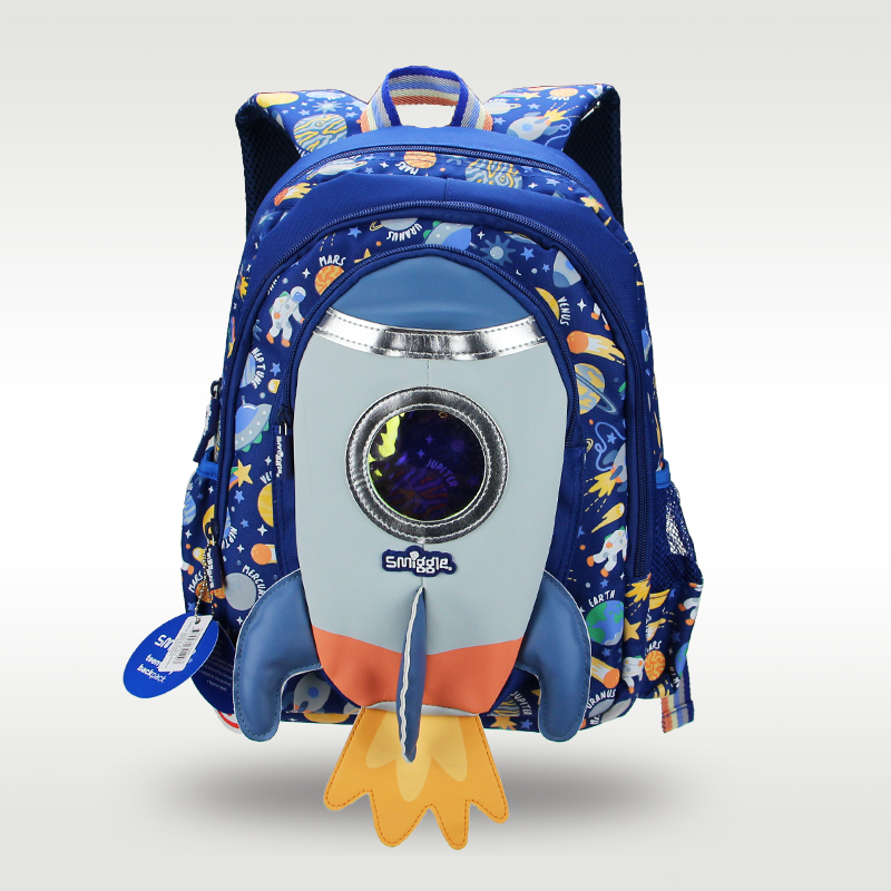 SMIGGLE ออสเตรเลียที่มีคุณภาพสูงเดิม ลักลอบ เด็กกระเป๋านักเรียนชายไหล่กระเป๋าเป้สะพายหลังสีฟ้าจรวดรูปร่างการ์ตูนกระเป๋านักเรียน14นิ้ว