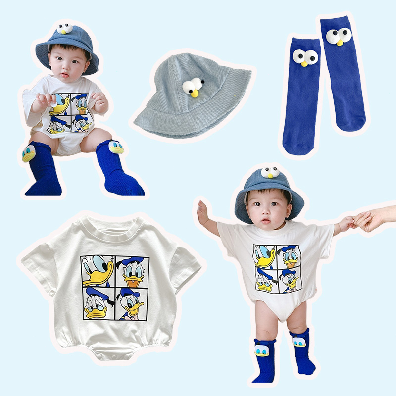 ชุดเด็กสไตล์เกาหลีทารกแรกเกิด ชุดรอมเปอร์ ผ้าฝ้ายการ์ตูนโดนัลด์ดั๊กบอดี้สูทเด็ก 0-2 ปี