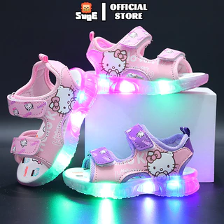 SUGE รองเท้าแตะลําลอง ลายการ์ตูนแมว มีไฟ LED สีชมพู สีม่วง แฟชั่นชายหาด สําหรับเด็ก