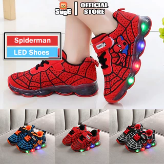 SUGE รองเท้าสไปเดอร์แมน LED กระพริบ รองเท้าผ้าใบเด็กผู้ชาย
