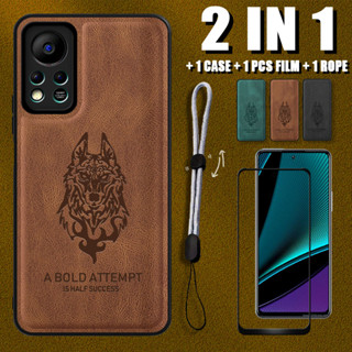 เคสหนังหรูหรา ลายหมาป่า 2 IN 1 สําหรับ Infinix Hot 11s NFC พร้อมตัวป้องกันหน้าจอเซรามิค และเชือกโทรศัพท์ ปรับได้