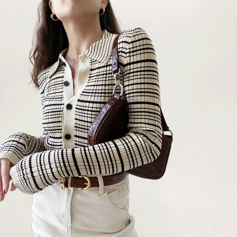 NZN ภาษาฝรั่งเศสคําวินเทจพร็อพโปโลปกกระดุมแถวเดียวถักคมชัดลายเสื้อกันหนาวแขนยาวคาร์ดิแกน