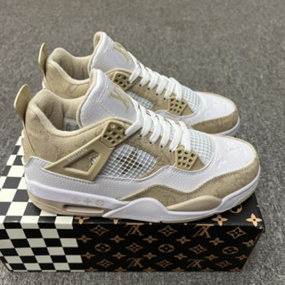 ใหม่ พร้อมส่ง รองเท้าผ้าใบบาสเก็ตบอล L-oui-s V-uitto-n x Air Jordan 4 สีขาวกากี สไตล์เรโทร 2023