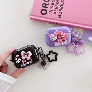 เคสหูฟังบลูทูธ tpu แบบนิ่ม ลายการ์ตูนคุโรมิ สีม่วง 3d พร้อมสายโซ่ สําหรับ airpods 1 2 pro 3