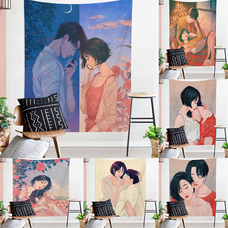 พรมแขวนผนัง รูปคู่รัก ขนาดเล็ก สไตล์เกาหลี โรแมนติก สําหรับตกแต่งบ้าน ห้องนั่งเล่น