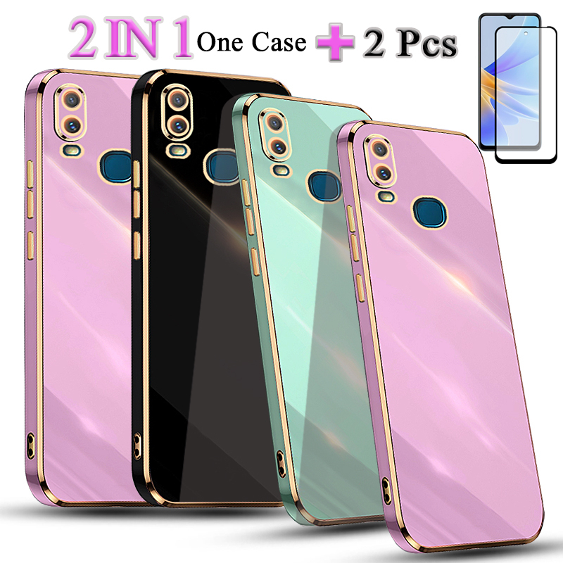 2 IN 1 VIVO Y11 2019 VIVO 1906 Gold Edge Plating Case พร้อมเซรามิคป้องกันหน้าจอโค้งฟิล์มนิรภัย