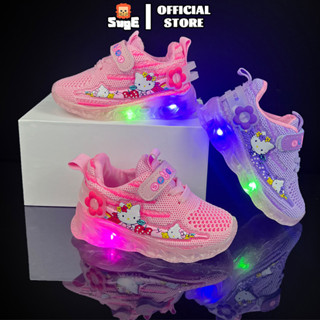 SUGE รองเท้าเด็กผู้หญิง LED  มีไฟกระพริบ สีชมพู แมวน่ารัก Hello Kitty Size 21-30