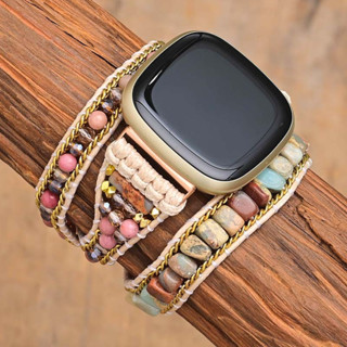 Bohemia สายนาฬิกาข้อมือหินอัญมณีธรรมชาติ สําหรับ Fitbit Versa 3 สาย Fitbit Sense Strap Wrap Wax Rope Bead Fitbit Versa 4 สายนาฬิกา Fitbit Sense 2 Strap Versa lite สายนาฬิกา Fitbit Versa 2 Strap