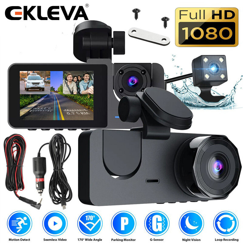 Ekleva Dash Cam 1080P FHD 3 เลนส์กล้อง DVR Dashboard กล้องบันทึกวิดีโอในกล้องติดรถยนต์ Dashcam สําหรับรถยนต์ 170 มุมกว้าง WDR พร้อม 2.0 "จอแสดงผล LCD Night Vision