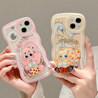 Clear Casing For iPhone 15 14 13 12 11 Pro Xs max Mini 7 8 6 6S Plus X XR 14ProMax 13promax 12promax 11promax 6+6S+ 7+ 8+ Milk Tea Spongebob Patrick Star Cute Stand Round Camera Full Fine Hole Soft Phone Case BW 55