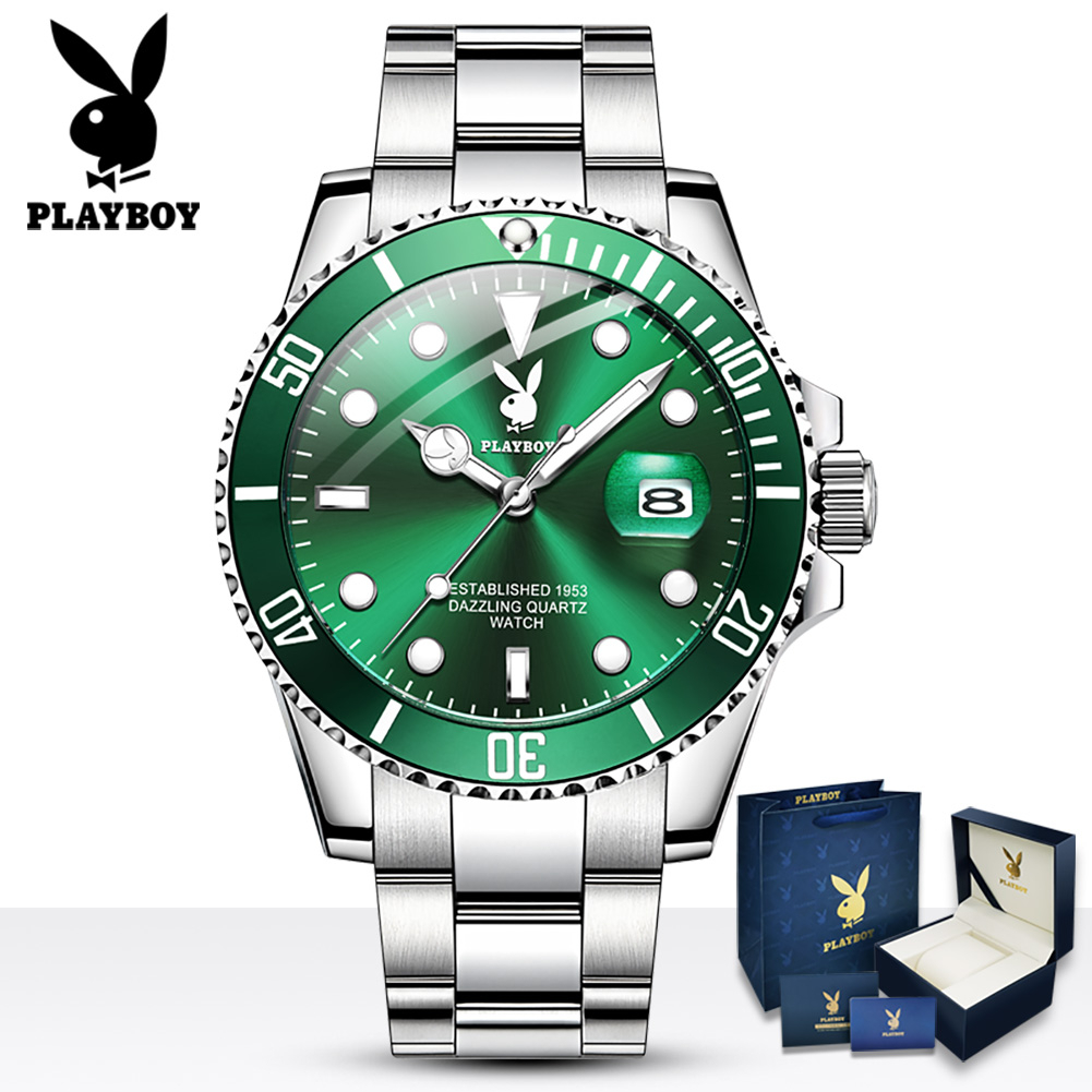 Playboy 3028 นาฬิกาข้อมือควอตซ์แฟชั่น สายแสตนเลส หน้าปัดบอกเวลา ปฏิทินเรืองแสง กันน้ํา สีเขียว ระดับไฮเอนด์ สําหรับผู้ชาย