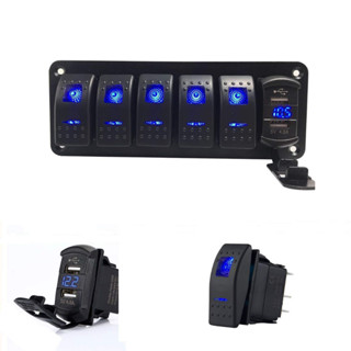 แผงสวิตช์โยกอลูมิเนียม พร้อม USB คู่ 4.8 แอมป์ ชาร์จเร็ว พร้อมโวลต์มิเตอร์ ไฟแบ็คไลท์ Led สีฟ้า สําหรับเรือ รถยนต์ รถบรรทุก