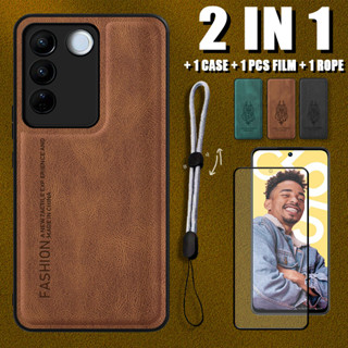 2 IN 1 เคสโทรศัพท์มือถือหนัง พร้อมตัวป้องกันหน้าจอเซรามิค และเชือกปรับได้ หรูหรา สําหรับ VIVO V27 V27 Pro S16 S16 Pro