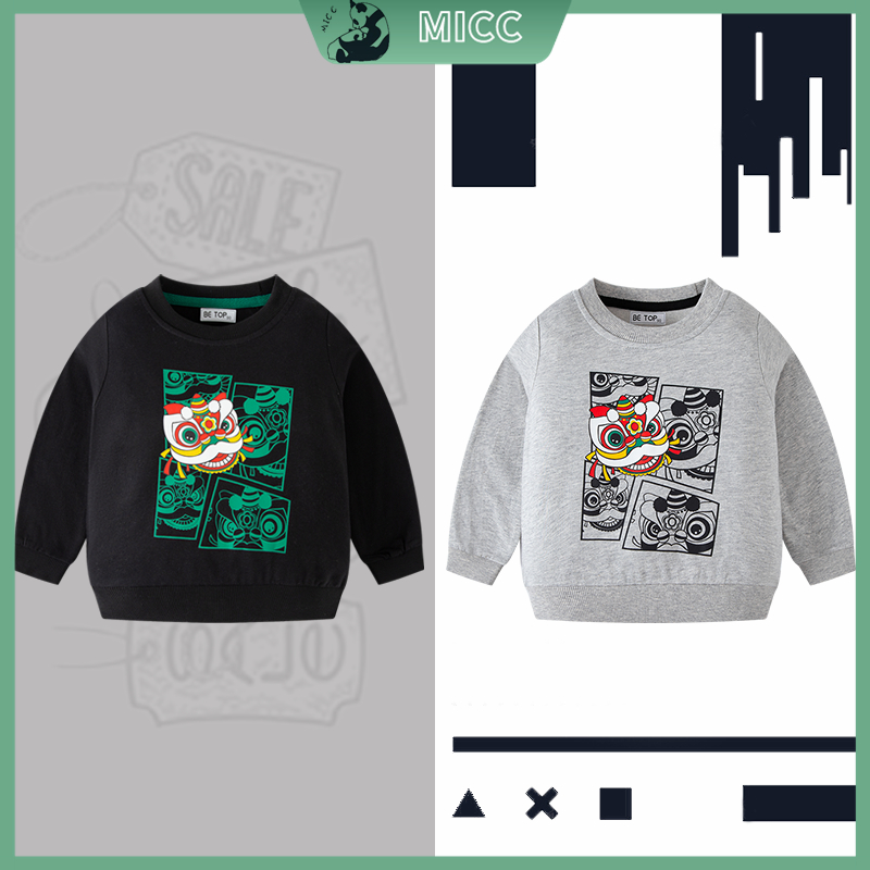 แขนยาวเด็กผู้ชาย เสื้อกันหนาว คอกลม ผ้าฝ้ายแท้ ลายสิงโต แฟชั่นฤดูใบไม้ร่วง สไตล์จีน สําหรับเด็กผู้ชาย 2022 ใหม่