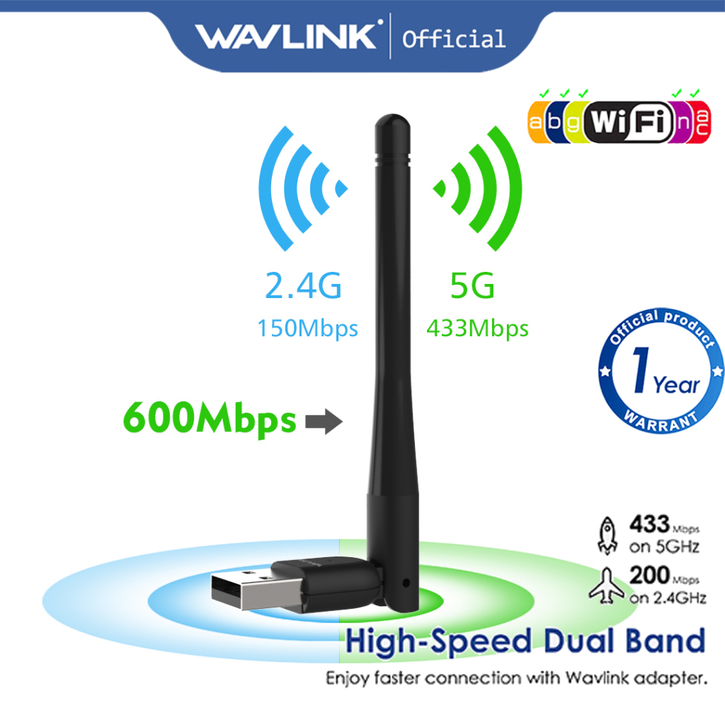 Wavlink อะแดปเตอร์เครือข่ายไร้สาย AC600Mbps 5G 2.4G Dual-band USB