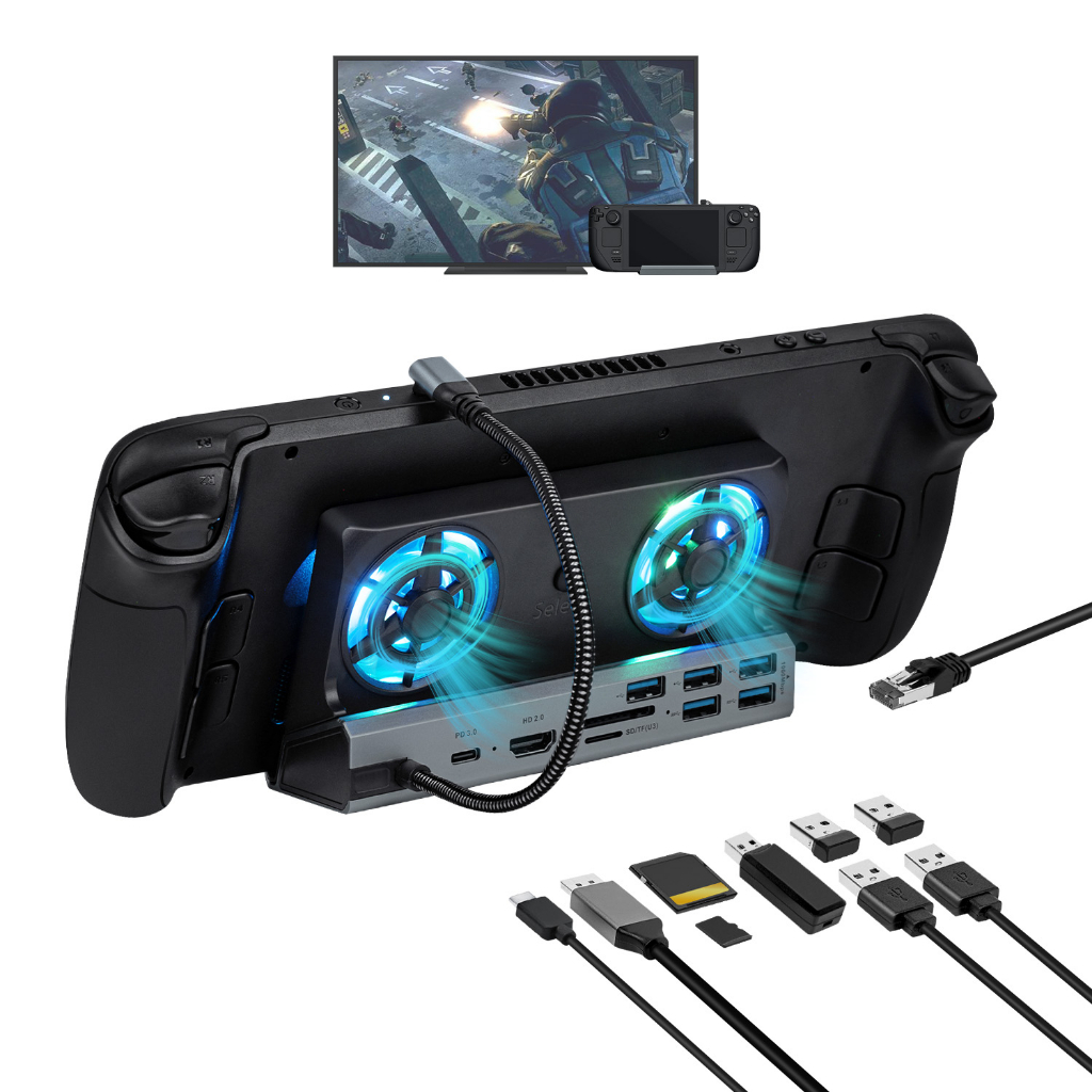 10 in 1 แท่นวาง พร้อมพัดลมระบายความร้อน แบบคู่ สําหรับ Steam Deck/ROG ALLY สีเทา