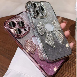 เคสโทรศัพท์มือถือนิ่ม ไล่โทนสี ประดับโบว์ พร้อมฟิล์มเลนส์ สําหรับ compatible for iPhone 11 11promax 12 12Pro 13 13Pro 13promax 14 14Pro 14promax