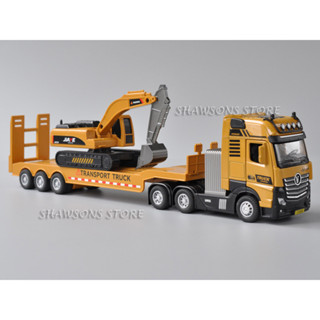 โมเดลรถบรรทุก รถแทรกเตอร์ ขนาด 1:50 Tractor and Flatbed Semi-Trailer With Excavator พร้อมรถขุดจําลอง ขนาดเล็ก ของเล่นสําหรับเด็ก