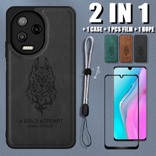 2 IN 1 เคสโทรศัพท์มือถือหนัง ลายหมาป่า พร้อมตัวป้องกันหน้าจอ และสายคล้อง ปรับได้ สําหรับ Infinix Note 12 2023 Note 12 Pro 4G X676C X676B Note 20