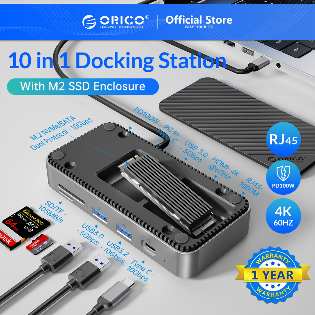 ORICO USB C HUB with External M.2 NVMe SSD Enclosure to 4K30Hz USB 3.1  10Gbps PD100 Charging RJ45 Adapter Type-C Docking Station