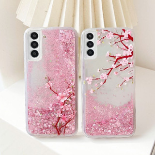 เคสโทรศัพท์มือถือแบบนิ่ม ใส มีทรายไหล แต่งกลิตเตอร์ ลายดอกไม้ พีช สําหรับ Samsung Galaxy S21 FE S22 Plus S23 Ultra