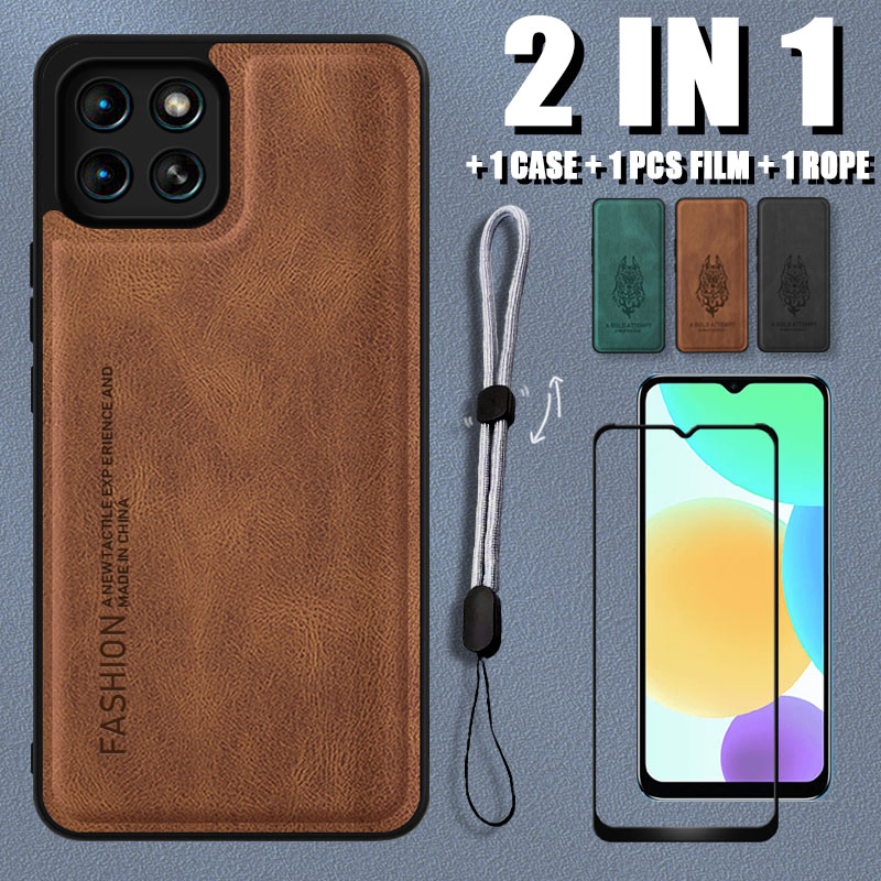 2 IN 1 เคสหนังนิ่ม หรูหรา สําหรับ Infinix Smart 6 HD X6512 พร้อมฟิล์มเซรามิค และสายคล้อง ปรับได้