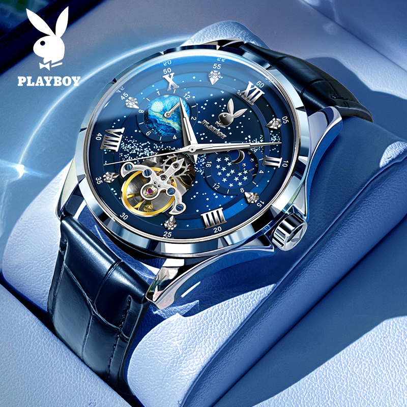 PLAYBOY นาฬิกาข้อมือผู้ชายแบรนด์ เครื่องกลอัตโนมัติ สายหนังแท้ สแตนเลส วันที่ นาฬิกาธุรกิจ สีดำ สีฟ้า  3049