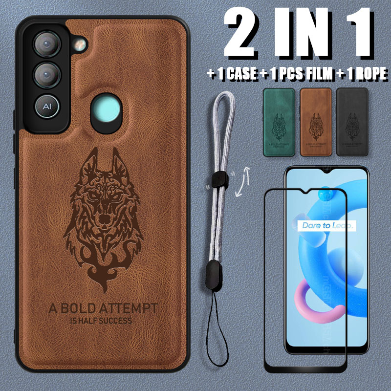 เคสหนังหรูหรา ลายหมาป่า 2 IN 1 พร้อมตัวป้องกันหน้าจอเซรามิค และสายคล้อง ปรับได้ สําหรับ Tecno Pop 5 